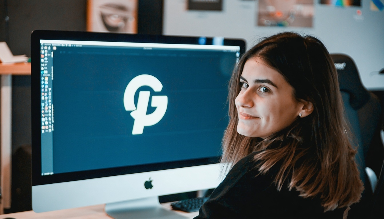 Giovane donna davanti al computer che guarda un logo finito per verificare la conformità BIMI