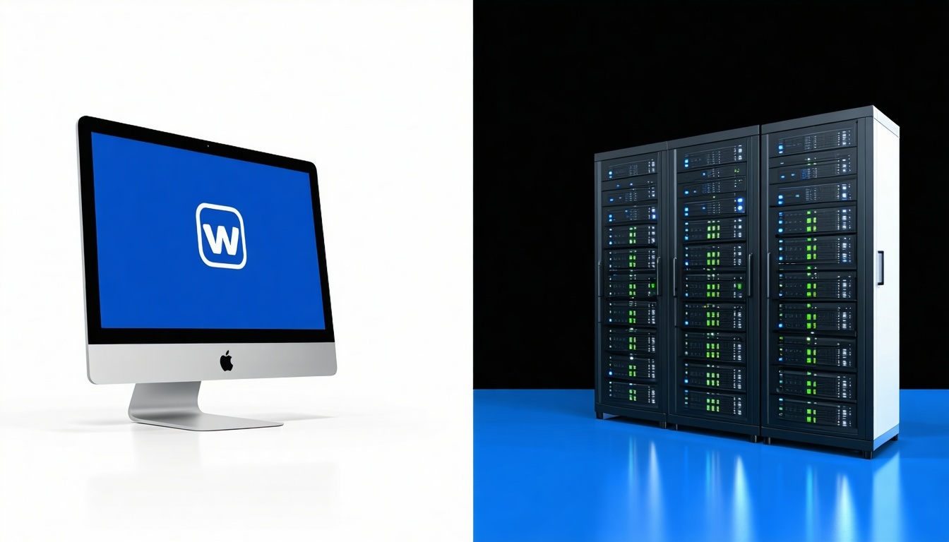 immagine divisa a metà, una metà raffigurante un monitor con logo e l'altra metà raffigurante server web-2