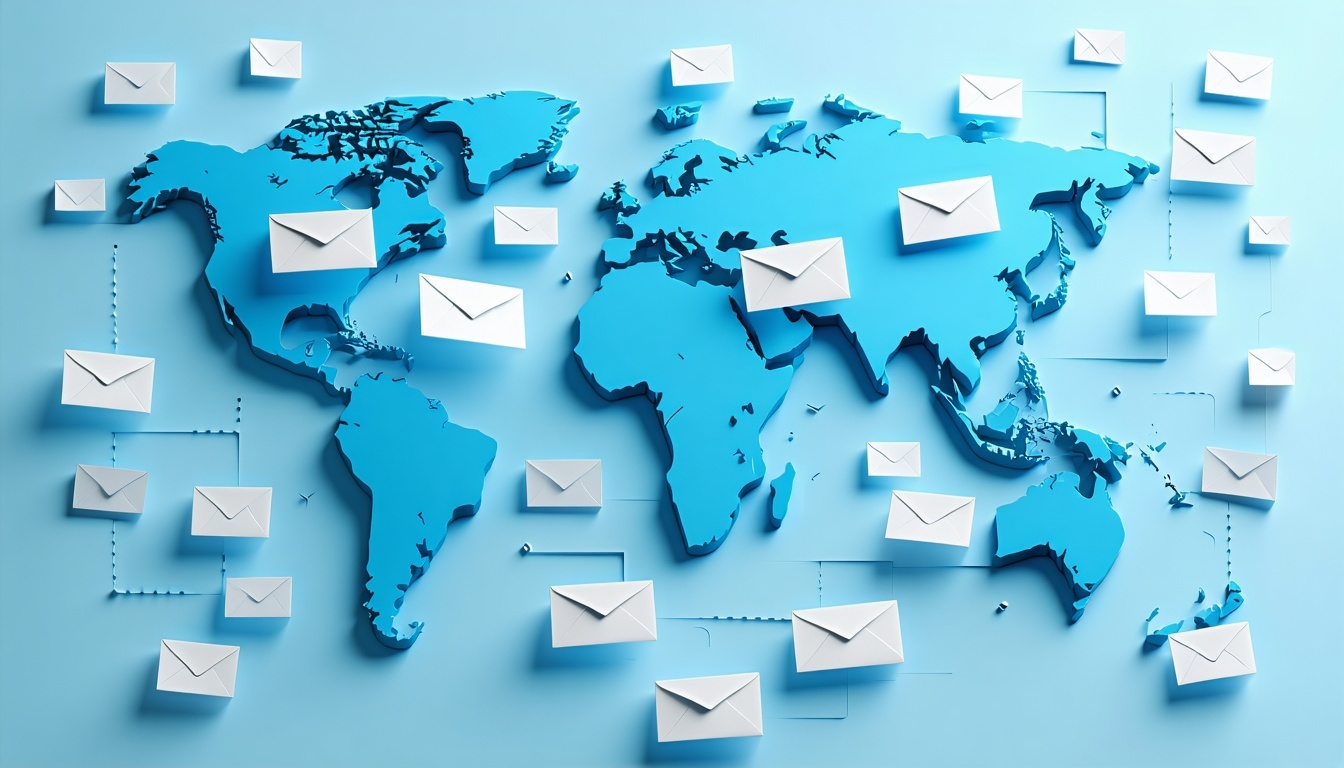 la mappa del mondo mentre le e-mail volano da un continente all'altro